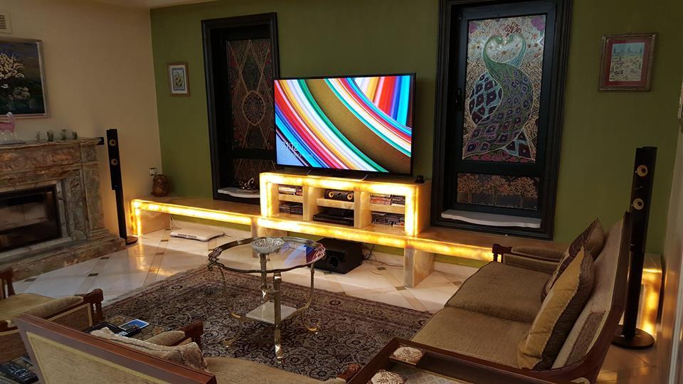 Interiors Custom yellow onyx TV stand with light (2) Alfa Marble
